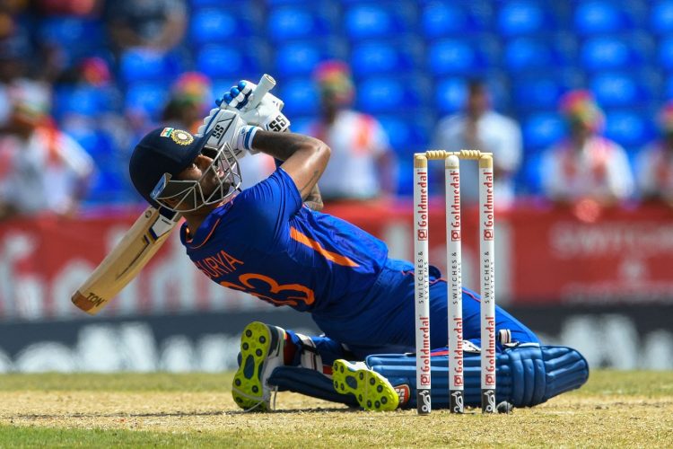 Suryakumar Yadav, of India, hits 4 during the third T20I match between West Indies and India at Warner Park in Basseterre, Saint Kitts and Nevis, on August 2, 2022. (Photo by Randy Brooks / AFP) (Photo by RANDY BROOKS/AFP via Getty Images)