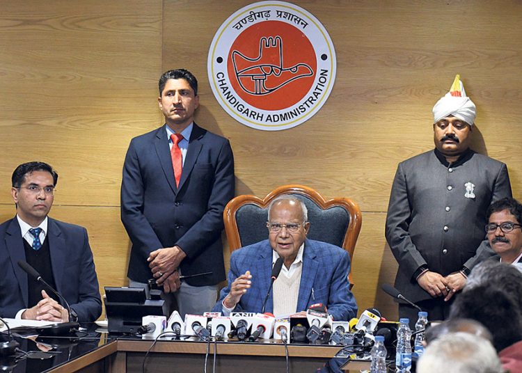 Punjab’s governor Banwari Lal Purohit addresses media at Chandigarh secretariat in Sector-09, Chandigarh on Wednesday. TRIBUNE PHOTO: NITIN MITTAL