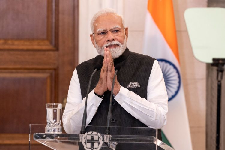 Narendra Modi, India's prime minister, gestures during a joint news conference with Kyriakos Mitsotakis, Greece's prime minister, in Athens, Greece, on Friday, Aug. 25, 2023. Modi arrived in Greece on Friday for talks to strengthen bilateral ties. Photographer: Yorgos Karahalis/Bloomberg via Getty Images